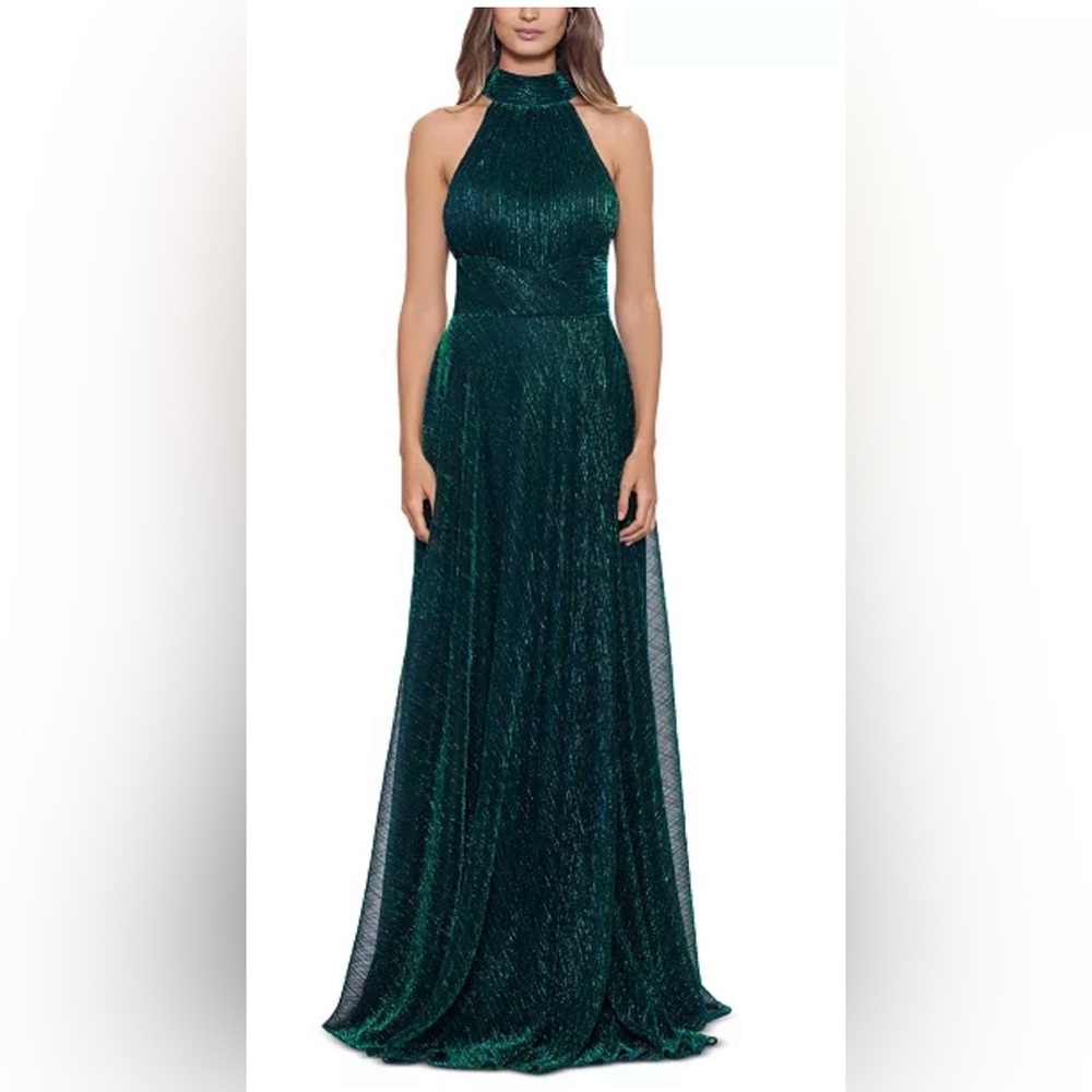 BETSY & ADAM METALLIC HALTER GOWN SIZE: 4, COLOR: JADE, GREEN